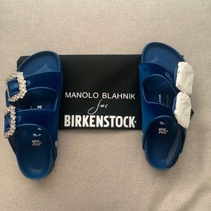 MANOLO BLAHNIK X BIRKENSTOCK BLUE ARIZONA Size 35 with crystal buckle